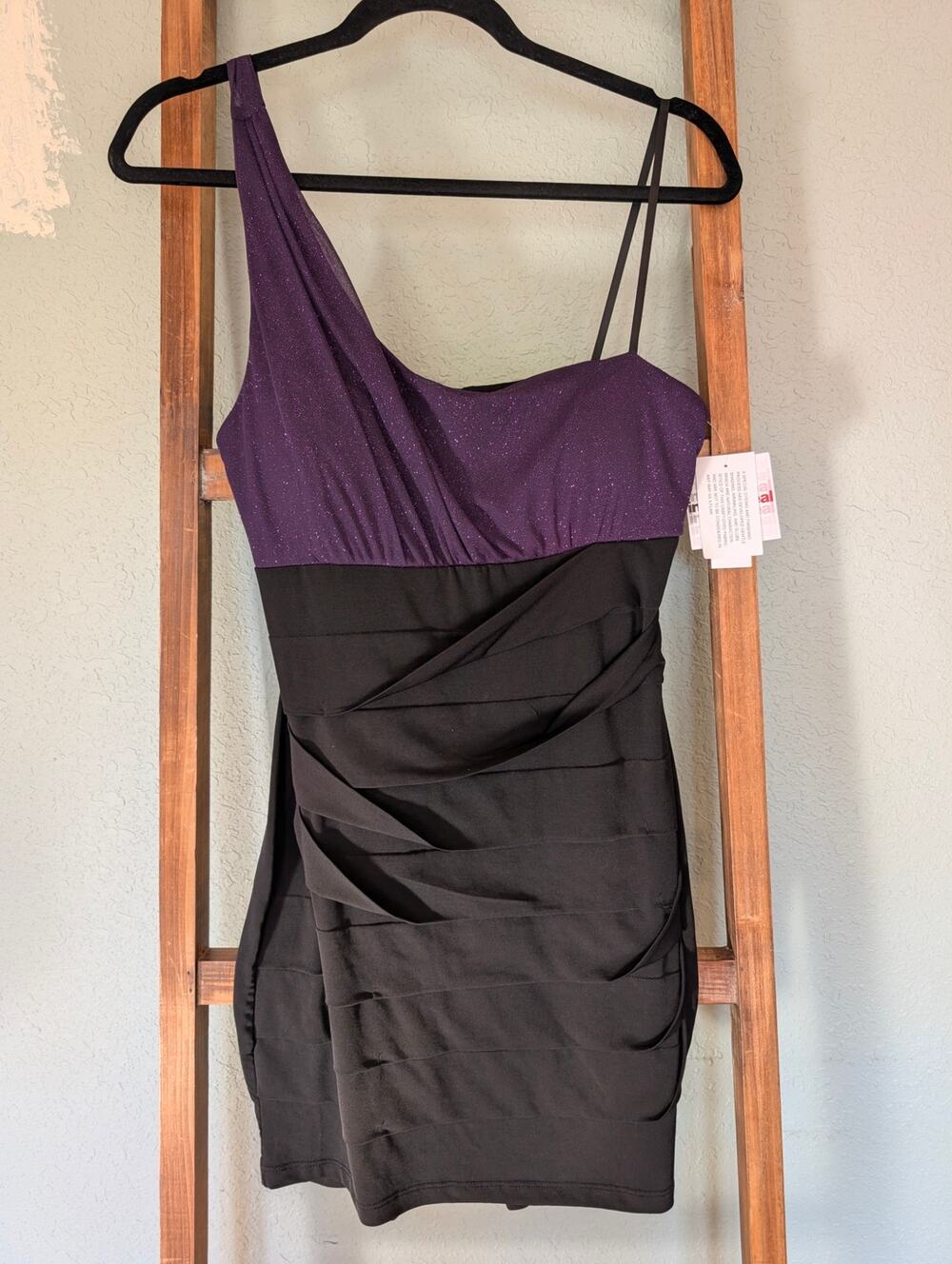Y2K One Shoulder Bodycon Mini Dress Black Purple Sparkle Club Homecoming Dance